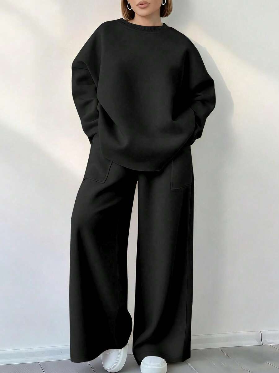 EMERY ROSE Women's Casual Everyday Commute Simple Solid Color Drop Shoulder Loose Crew Neck Sweatshirt And Wide Leg Sweatpants 2 Pieces Set, Spring/Autumn - Black - View 1