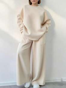 EMERY ROSE Women's Solid Color Round Neck Long Sleeve Top And Pocket Loose Pants 2 Pieces Set