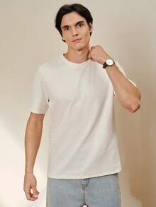 RONVEXI 男士纯色纹理针织圆领短袖T恤，适合度假穿着，百搭奶油色男士针织T恤，男士上衣，奶油色印花T恤，男士T恤，男士服装，男士夏季上衣 - 杏色 - 查看 5