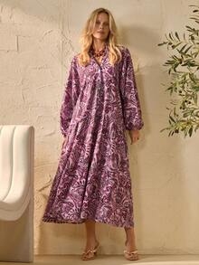 EURMUSE Women's Boho Paisley Long Dress – Long Sleeve V-Neck, Vintage Chic Elegant Casual Vacation Outfit - Multicolor - View 6