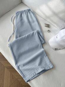 SHEIN PETITE 1件装女士蓝色休闲裤，条纹宽松款式，泡泡褶皱面料，超低腰抽绳松紧腰，直筒休闲浪漫裤 - 藍色 - 查看 3