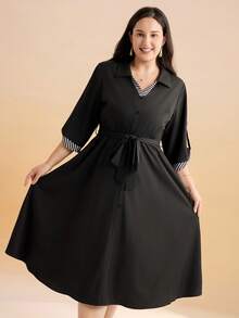 Momelise 大码女装春夏黑色条纹拼接卷袖腰带蝴蝶结休闲连衣裙，二合一衬衫裙，适合休闲、度假、日常通勤、办公、教师节、返校等场合。大码商务职业摆裙套装，大码曲线休闲连衣裙，女式衬衫裙，大码衬衫裙，大码黑色衬衫裙，大码女式黑色优雅连衣裙，黑色西式连衣裙，休闲黑色连衣裙 - 黑色 - 查看 7