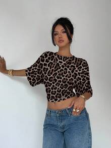 Aloruh Women's Leopard Print Batwing Sleeve Cropped Fashion T-Shirt Spring Leopard Top - Multicolor - View 6
