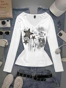 Attitoon Áo thun nữ tay dài cổ chữ V ôm sát phong cách retro punk Y2K, họa tiết ngôi sao và chất liệu denim rách, thời trang Gothic Cybersigilism Hip-Hop Gyaru, đa năng cho mùa thu/đông, phong cách thường ngày và dự tiệc sân bay. - trắng - Xem 4