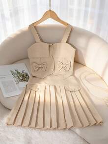 Elladie kids Tween Girls' Khaki Camisole Top With Bow Design And Pleated Skirt 2 Pieces Set - Khaki - View 1