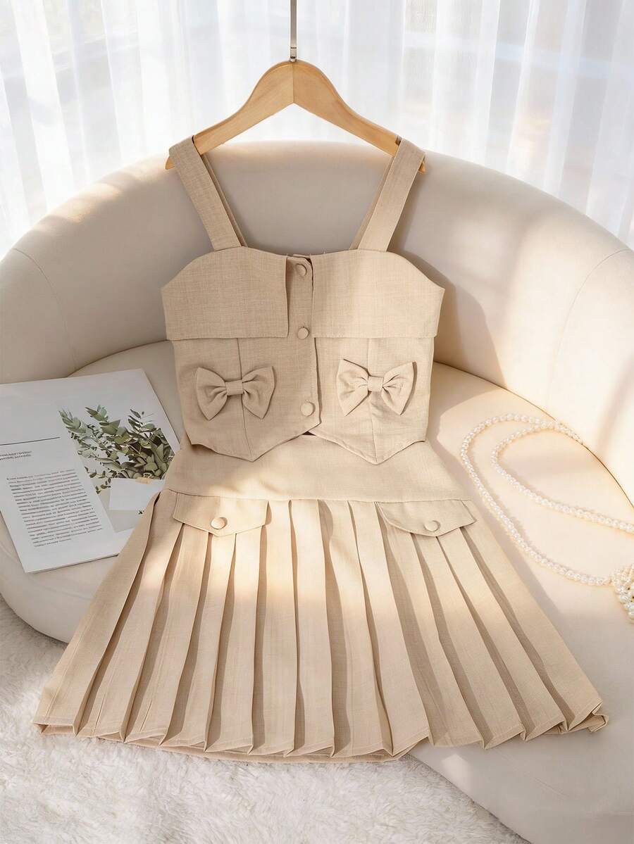 Elladie kids Tween Girls' Khaki Camisole Top With Bow Design And Pleated Skirt 2 Pieces Set - Khaki - View 1