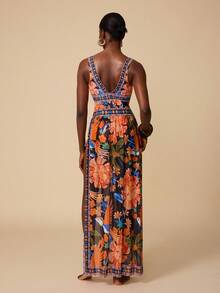 Swim Oasis Women's New One-Piece Printed Swimsuit With Long Sarong Skirt, Deep V-Neck Backless Sleeveless Vacation 2-Piece Swimwear Set - Multicolor - View 4