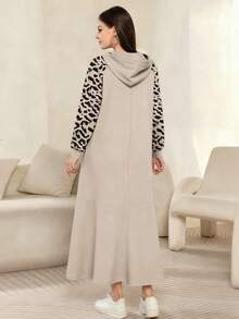 Modelyn Leopard Bow Letter Print Fashionable Hooded Leopard Raglan Long Sleeve Women's Maxi Dress, Spring/Autumn - Multicolor - View 2