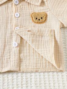 SHEIN 两件套，新生儿春夏休闲风，小熊图案印花上衣和小熊图案印花短裤 - 杏色 - 查看 8