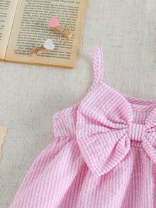 SHEIN 0-3 Years Old Baby Girl Fashionable Elegant Cute Casual Minimalist Textured Fabric Pink Striped Sleeveless Dress - Pink - View 5