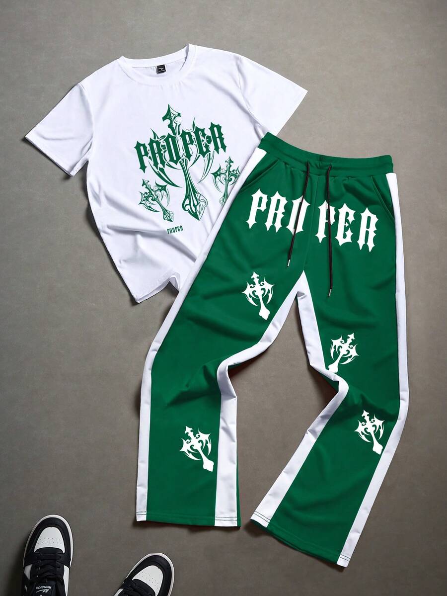 PAVTROS 男士字母十字印花短袖T恤和抽绳腰带卡拉OK套装；男士T恤和运动裤套装；两件套男士绿白运动服套装；印花T恤和慢跑裤；男士休闲套装 - 彩色 - 查看 1