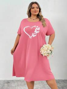 SHEIN CURVE+ Curve Plus Red Heart-Shaped Printed Long Dress, Valentine's Day - Pink - View 3