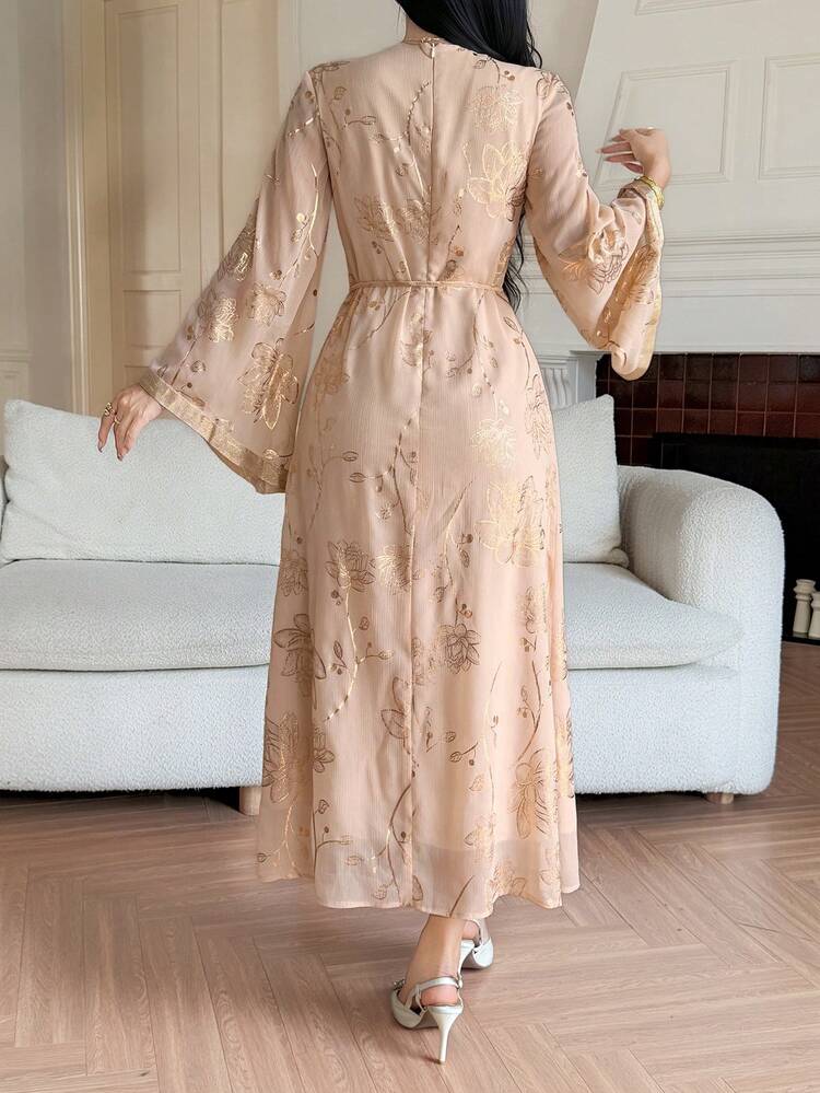 Women's Floral Foil Print Twist Waist Design Casual Party Flare Sleeve Dress Sundress
