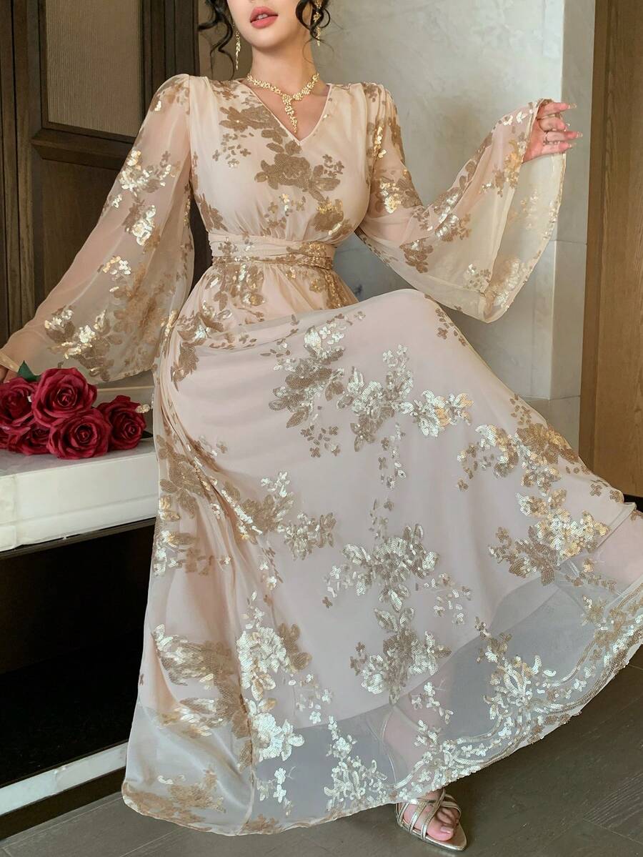 DAZY 闪亮水钻优雅中长连衣裙，适合情人节、婚礼、派对、正式场合，修身剪裁，金色，春夏嘉年华闪亮连衣裙 - 杏色 - 查看 1