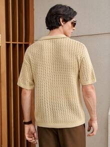 Manfinity Homme 男士纯色半拉链休闲镂空极简针织衫 男士钩针衬衫 男士纽扣针织Polo衫 V领短袖毛衣 男士开襟针织衫 男士夏季上衣 - 杏色 - 查看 6