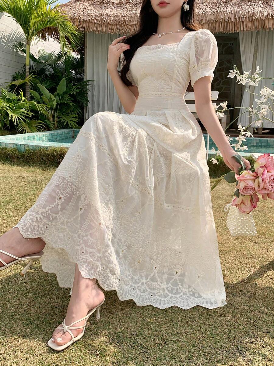 DAZY Women's Embroidered Puff Sleeve Midi Dress, Elegant Waist Cinched, Suitable For Dates And Parties Wedding Guest Dress - White - View 1