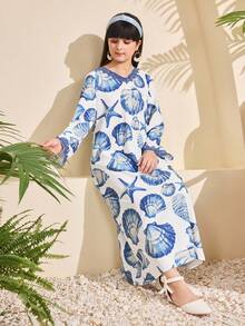 SHEIN Tween Girls' Casual Middle Eastern Arabic Style Seashell Print Robe, Vacation Vibe - Blue - View 9