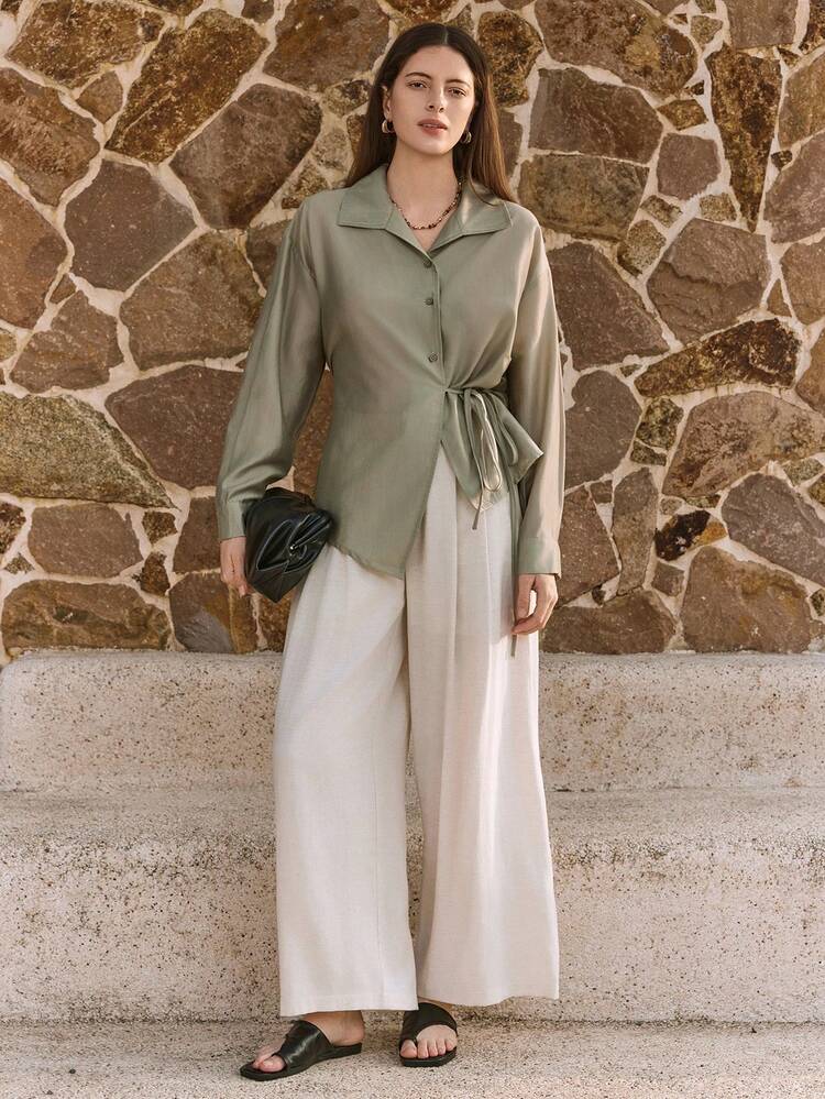 Women's Solid Color Drop Shoulder Long Sleeve Tie Waist Casual Shirt Business Casual Woman