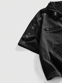 ROMWE MEN Street Life Men's Loose Fit Denim Jacket With Pearl Embellishment - Dark Grey - View 5