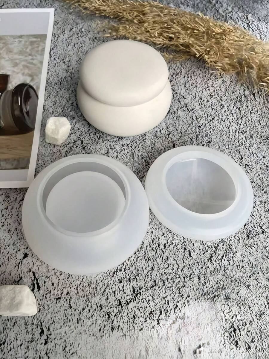 2PCS/Set Small Jar Storage Box Silicone Mold Base + Lid,DIY Small Jar Aromatherapy Candle Cup Plaster Mould,Home Decoration Ornaments Epoxy Resin Mold, HandicraftMaking Casting Molds - White - View 1