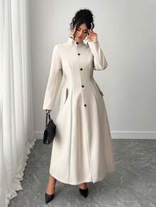 Elenzga Plus Size High-End Cinched Waist Flared Hem Overcoat, Autumn/Winter Fall Cloth For Women - Beige - View 3