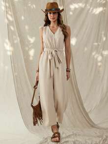 Wildy 休闲美式西部乡村复古风基本款无袖连体裤，系带设计，适合春夏日常穿着、通勤和时尚场合。