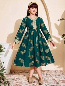 Tween-Mädchen Kleid mit V-Ausschnitt, metallisch, plissiert, elegant für Party und Anlässe, Langarm - Grün - Übersicht 1