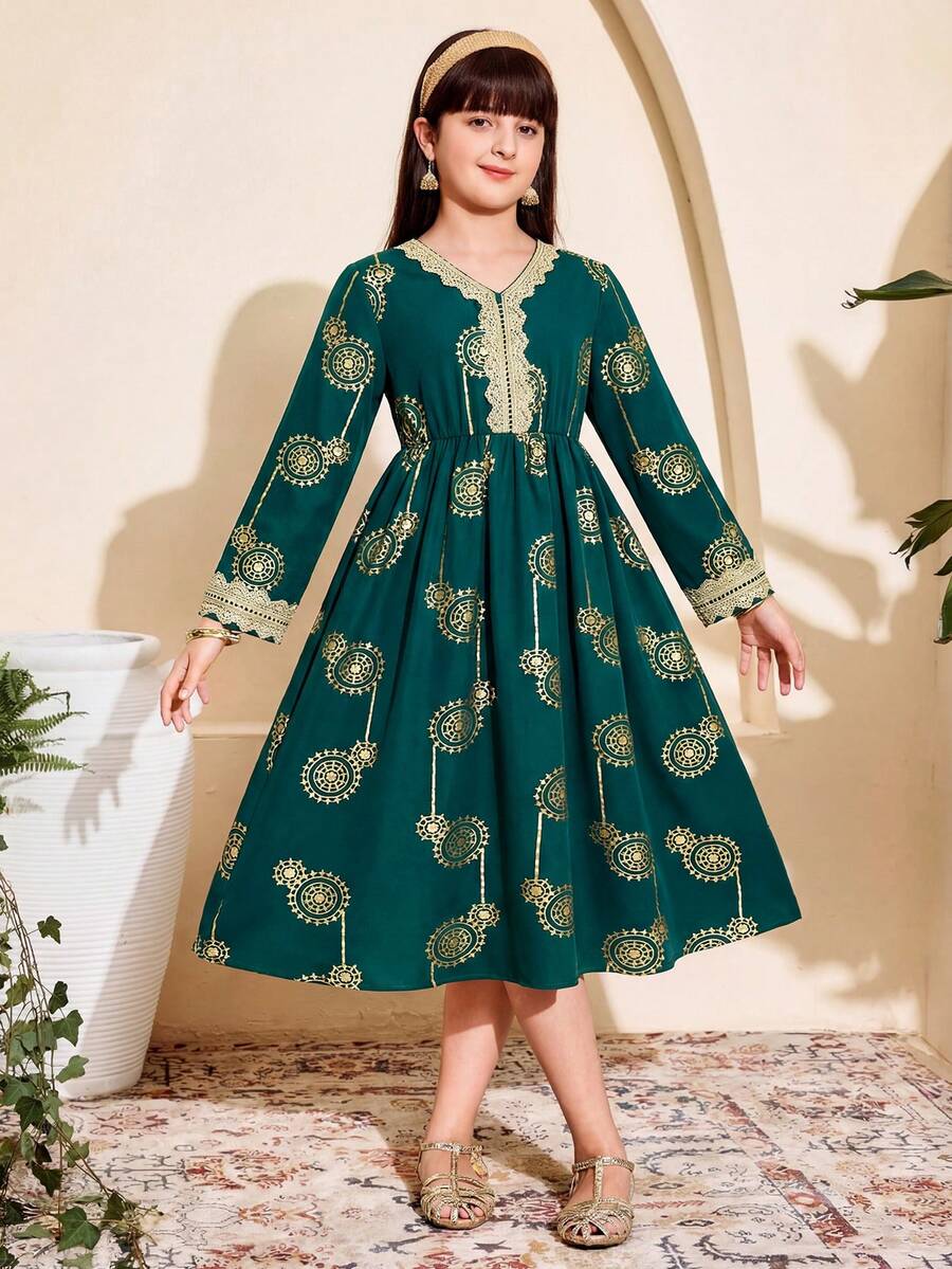 Tween-Mädchen Kleid mit V-Ausschnitt, metallisch, plissiert, elegant für Party und Anlässe, Langarm - Grün - Übersicht 1