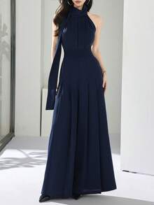 Heiryn 女士优雅简约纯色褶裥腰部吊带连体裤，夏季 - 藍色 - 查看 3