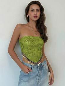 Aloruh 女士夏季波西米亚风抹胸上衣，优雅流苏装饰沙滩度假露脐上衣，适合音乐节 - 綠色 - 查看 7