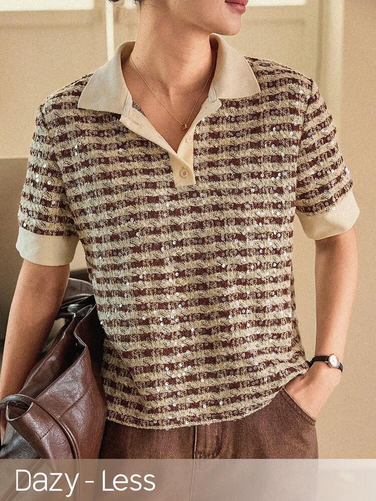 Spring & Summer Loose Casual Chic Patchwork Contrast Color Office Polo Collar Old Money Style Women T-Shirt Business Casual Woman