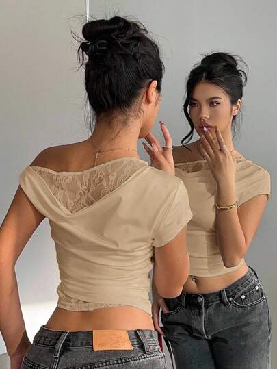 Siren Gaze 女士夏季露肩拼接宽松领口蕾丝边不对称短袖T恤