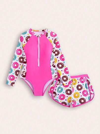 SHEIN Girls' Swimsuit, Tween Girls Bikini Sets, Girls' (Big) Swimsuit Set, Cute And Conservative, Rose Red Donut Patchwork Printed Knit Fabric Zipper Long Sleeved Two-Piece Set, One-Piece Jumpsuit With Four Corner Shorts, Fashionable And Casual, Exquisite And Gorgeous, Suitable For Swimming, Suitable For Summer Vacation, Beach Beach Beach, Swimming Pool, Summer Party, Leisure Vacation