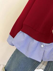INAWLY Women's Autumn Slogan Print Patchwork Striped Shirt Collar Long Sleeve Casual 2 In 1 Sweatshirt, Christmas - Red - View 5