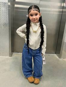 SHEIN Young Girls' Brown Denim Loose Fit Cargo Pants - Medium Wash - View 3