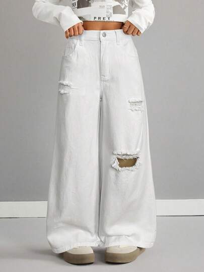 SHEIN 少女时尚休闲 Y2K 复古酷炫街头白色牛仔宽松舒适阔腿牛仔裤，适合少女日常穿着，也适合春夏派对、音乐节和街头服饰。