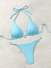 Soleia Women's Solid Color Halter Tie Bikini Set, Summer - Mint Blue - View 3