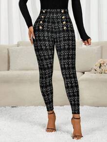 SHEIN Tall CURVE 大码女式休闲/办公通勤格子印花金色纽扣装饰修身高腰裤，适合日常生活、通勤、上学、教师、会议、外出、休闲等场合，高腰设计，春季女装，情人节，女士休闲装，黑色裤子 - 彩色 - 查看 6