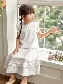 Genkimix Kids Ensemble 2 pièces pour jeune fille : Ce Top blanc simple de style pastoral mignon avec garniture en dentelle et jupe mi-longue assortie est une pièce d'été, parfaite pour les sorties, les rassemblements et autres occasions. Le col est orné d'une garniture en dentelle.