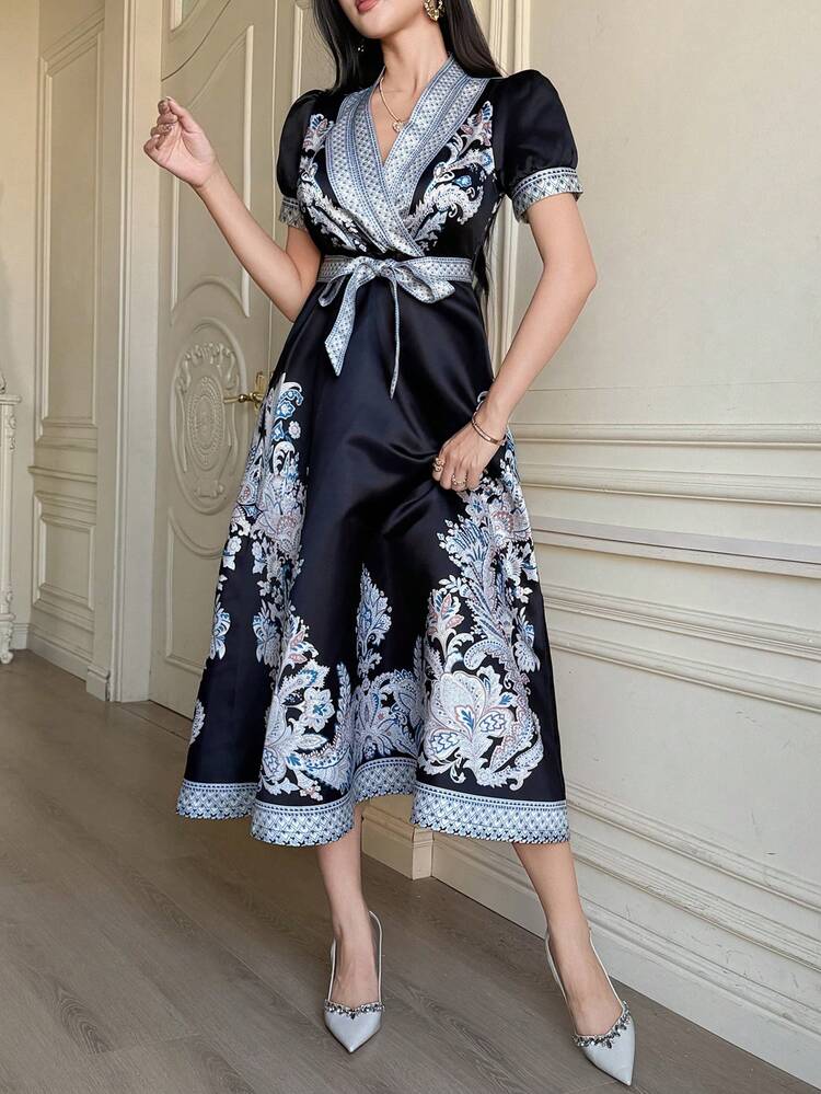 Elegant Floral & Geometric Print Dress, Waist Cinched, Suitable For Wedding, Casual, Vacation, Commute, Spring/Summer Maxi Dress Sundress