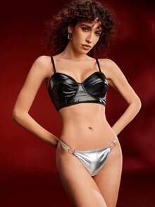 银色Y2K朋克金属环PU拼接闪亮魅力女士丁字裤，适合派对和音乐节