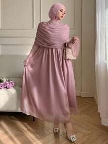 DAZY 春夏雪纺二合一披肩领连衣裙，粉色，优雅百搭，适合情人节、婚礼、派对、正式场合，时尚修身，喇叭袖，中长款婚礼宾客连衣裙 - 淺粉色 - 查看 6