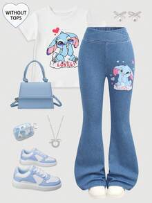 Celana Jeans Biru Tua Model Flare untuk Remaja Perempuan, Celana Ketat Denim Rajut Motif Kelinci untuk Kembali ke Sekolah, Pakaian Kasual Musim Panas Gaya Y2K Vintage Street untuk Sehari-hari - Biru - View 6