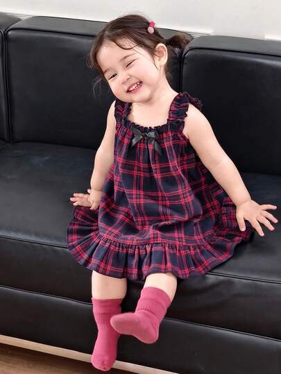 DAZY Ropa de estar cómoda y casual de estilo coreano a cuadros para niñas pequeñas