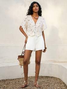 Poéselle 女士波西米亚风花卉镂空蕾丝系带露脐上衣，扇形下摆泡泡袖夏季上衣，波西米亚蕾丝上衣，镂空上衣，系带露脐上衣，田园风上衣，泡泡袖衬衫，扇形下摆上衣，夏季度假，复古蕾丝V领打结刺绣优雅短袖上衣 - 彩色 - 查看 4