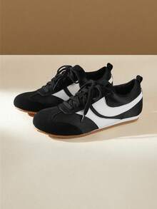 CUCCOO EASI Women's Patchwork Round Toe Flat Casual Sneakers, Comfortable Sporty Casual PU Leather Patchwork Black & White Sneakers For Daily Indoor & Outdoor Wear - Black - View 4