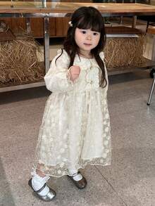 DAZY 女嬰蕾絲拼接紋理韓風派對生日洋裝 幼兒女童 - 杏色 - 查看 5