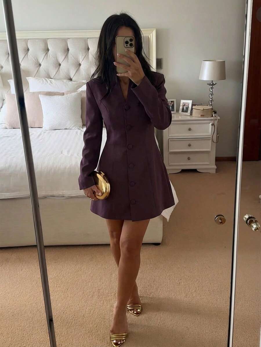 Firerie Women's Dark Purple Elegant Blazer Dress,Autumn A-Line Casual Business Commuter Dress,Fitted Silhouette Cocktail Party Wedding Guest Date Dresses - Apricot - View 1
