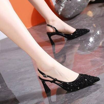 Zapatos de tacón bajos de punta afilada con escote abierto y lentejuelas, de estilo francés y con un toque de elegancia, para mujer