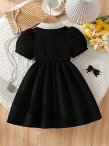 SHEIN Summer Young Girl Dress, Princess Style Beaded Collar Front Button Puff Sleeve Bow Tie Flared Skirt, Chic Party Vacation Fashion Outfit - Black - View 2